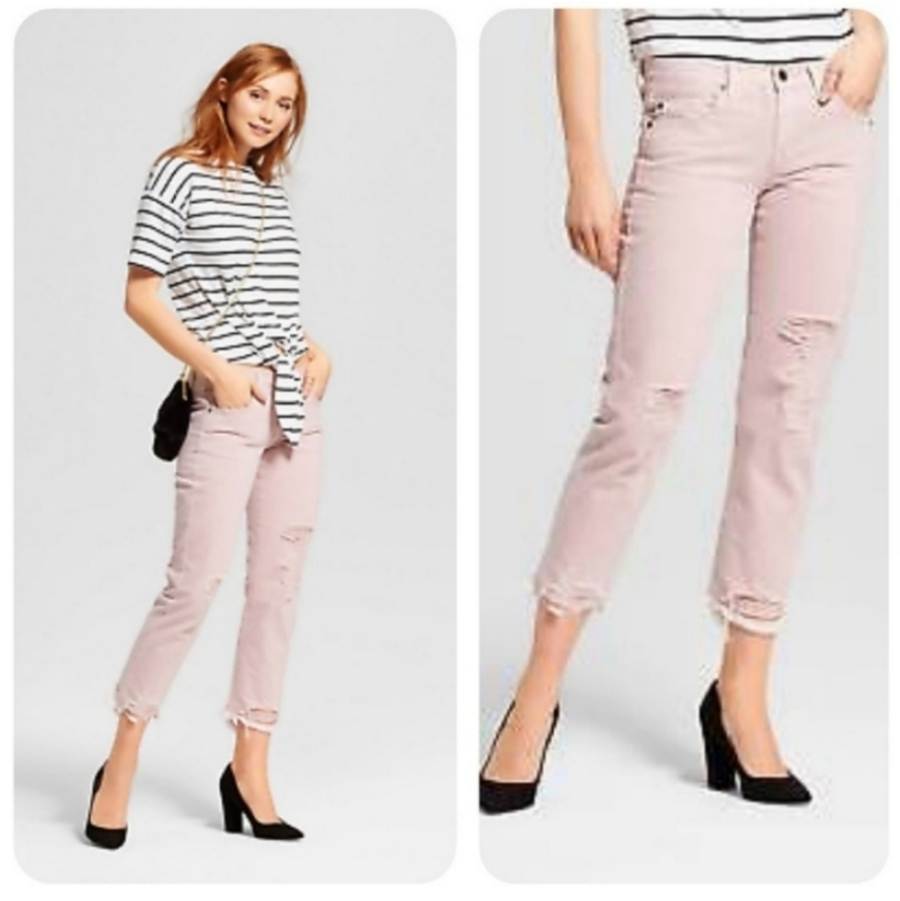 Pink mid-rise destroyed boyfriend cropped jeans